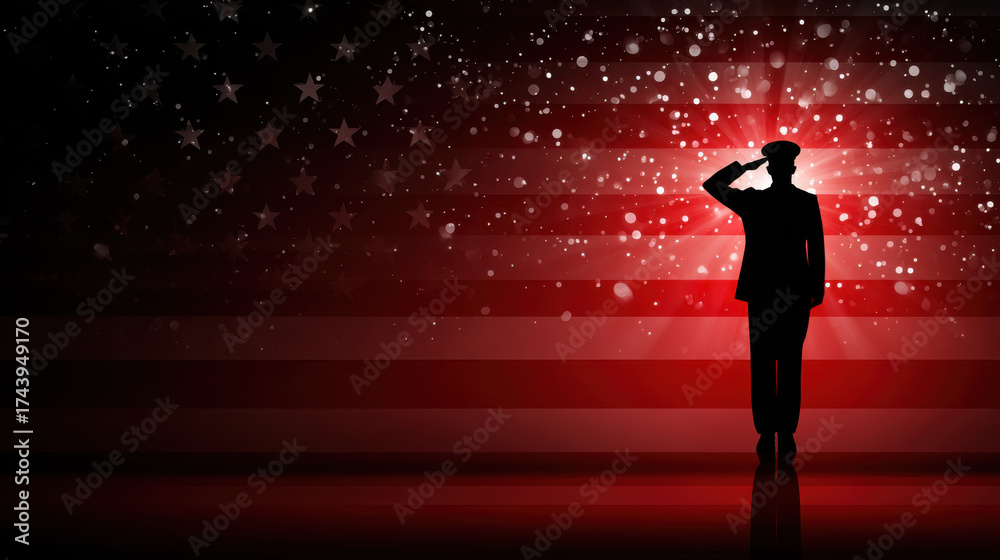 Naklejka premium Silhouette of saluting person with American flag for Veterans Day Memorial Day. Silhouette of person saluting in front of American flag, perfect for patriotic holidays like Veterans Day Memorial Day