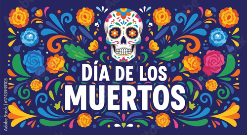 Flat style illustration of Día de los Muertos poster with sugar skull and floral decorations, celebrating Mexican culture, remembrance, and colorful traditional holiday design