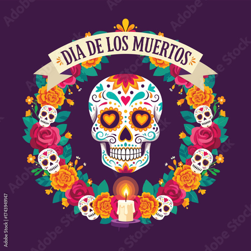 Flat style illustration of a colorful sugar skull with floral wreath and candle for Día de los Muertos, representing Mexican culture, remembrance, and festive holiday traditions