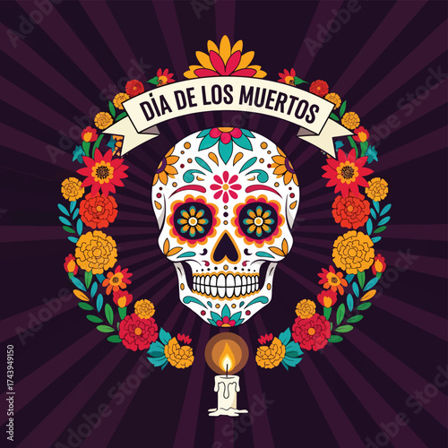 Flat style illustration of a colorful sugar skull with floral wreath and candle for Día de los Muertos, representing Mexican culture, remembrance, and festive holiday traditions