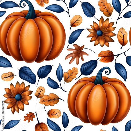 Seamless pattern with pumpkins, autumn leaves, and flowers