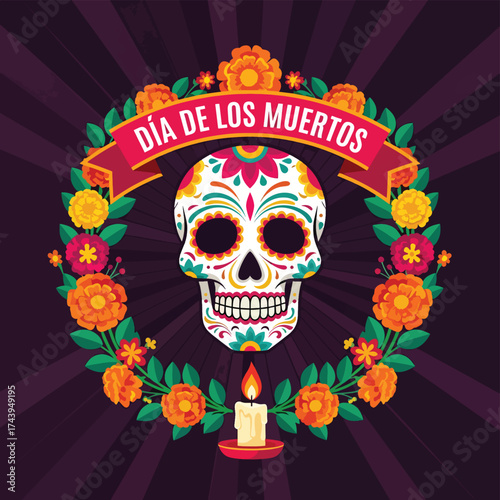 Flat style illustration of a colorful sugar skull with floral wreath and candle for Día de los Muertos, representing Mexican culture, remembrance, and festive holiday traditions