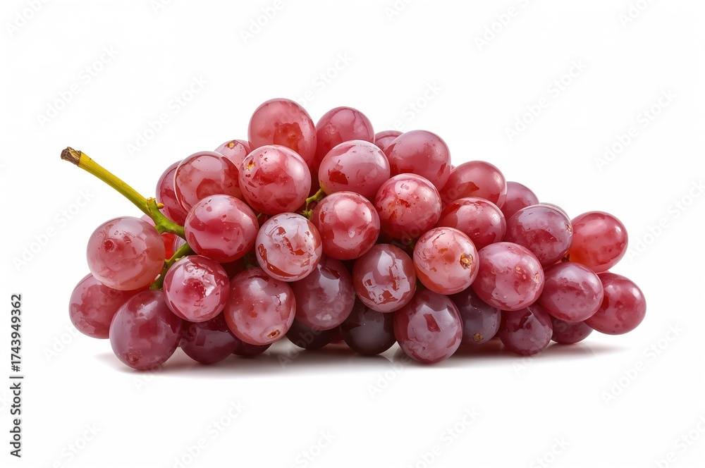 Fototapeta premium A Cluster Of Fresh Organic Red-Pink Grapes Against A White Backdrop, Side Perspective With Gentle Focus On Nutritious Fruit