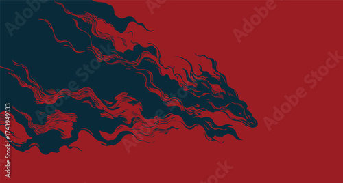 Hand drawn brush lines abstract fire illustration with flowing dark smoke and flame in dragon form. Japanese ukiyo-e mythical creature design for textile, background, decoration.