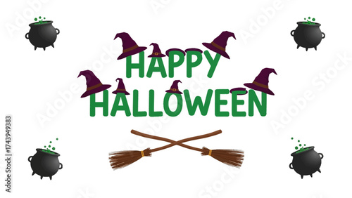 Spooky Halloween Elements : An eye-catching Halloween scene, incorporating witch hats, cauldrons, and brooms, spells out Happy Halloween in a creatively festive arrangement.