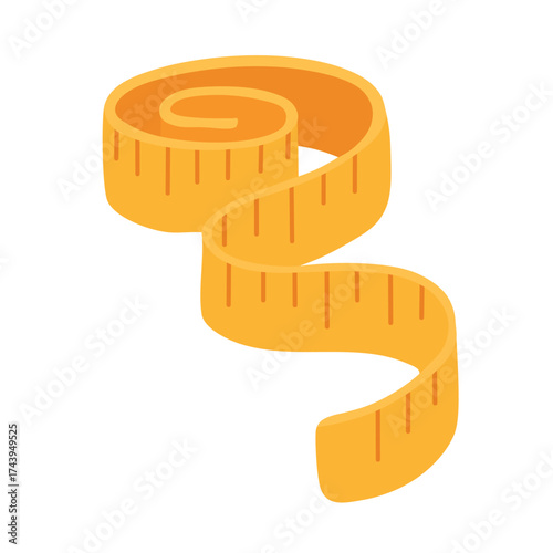 Flat vector illustration of yellow measuring tape for sewing, isolated cartoon tailoring tool for dressmaking.