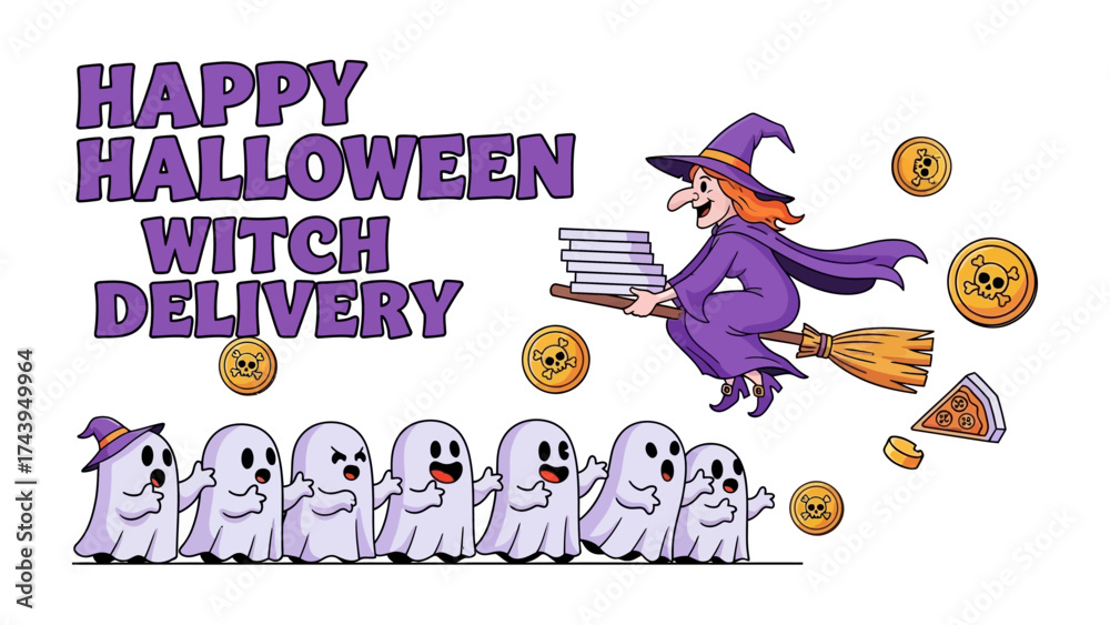 Fototapeta premium Witch Halloween Delivery: A whimsical Halloween scene of a friendly witch delivering pizza on a broomstick, with playful ghosts in tow. A fusion of fantasy and joy!