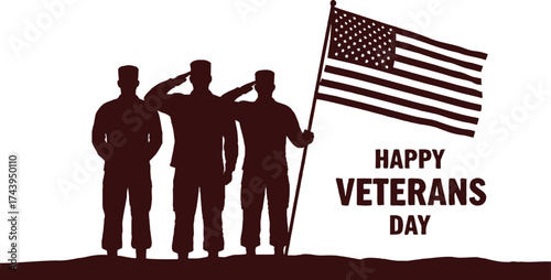 Tribute to veterans with saluting silhouettes and American flag on Veterans Day