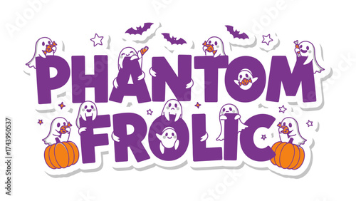 Phantom Frolic: A whimsical illustration showcasing a festive Halloween theme, adorned with playful ghosts, jack-o'-lanterns, and bats, evoking the spirit of spooky celebration.
