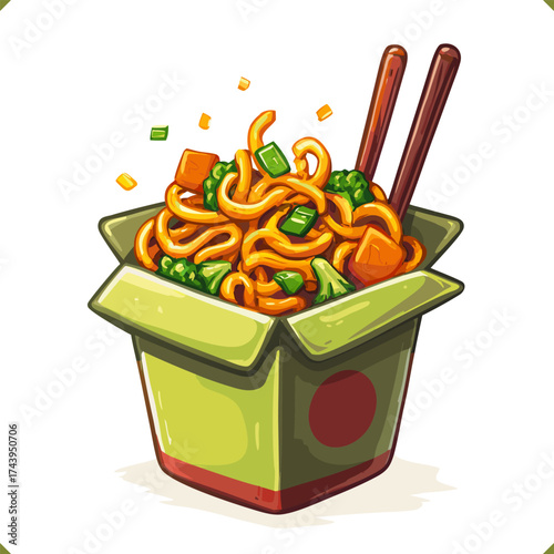 Vector illustration of Asian noodles with vegetables in takeaway box and chopsticks, isolated on a white background