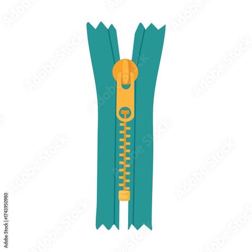 Flat vector illustration of a green zipper with yellow slider used for clothing and accessories.