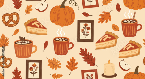 Cozy Autumn Fall Season Pattern with Pumpkins, Pies, Hot Drinks, and Leaves