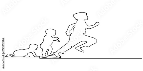 Running girl in continuous line art drawing style. Front view of running female child in a dress. Black linear sketch isolated on white background. Vector illustration