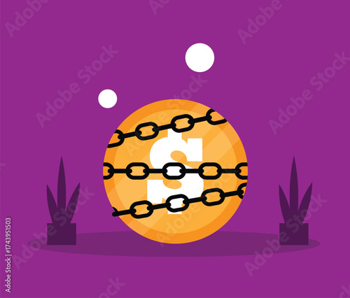 Dollar Under Lock and Chain on Colorful Background. Investment failure and financial difficulties, loss of money vector art