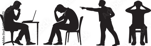 Black silhouette set of people in different poses one pointing two holding heads and one working on laptop