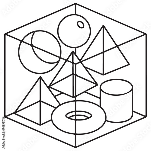 Abstract Geometric Shapes Composition in Isometric Line Art Cube