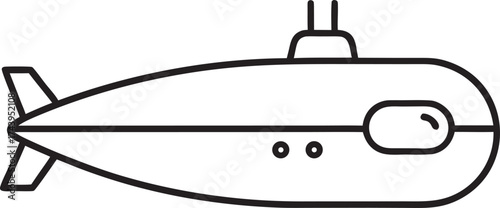 A simple black and white line drawing of a submarine with a periscope and fins