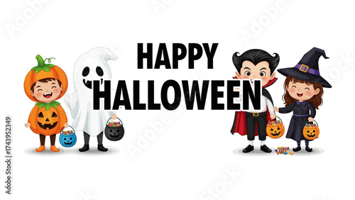 Happy Halloween: A cheerful festive scene with cute characters celebrating the spooky holiday, spreading joy and holiday spirit. 