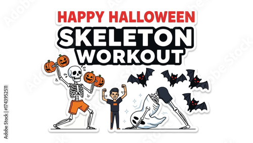 Spooky Workout: A creative and fun Halloween illustration featuring skeletons working out with pumpkins. A delightful and playful scene ideal for Halloween-themed concepts.