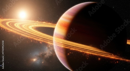 Giant Ringed Planet Illuminated by Distant Star in Deep Space