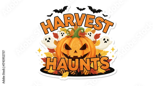 Harvest Haunts: A whimsical illustration captures the essence of the season, a glowing pumpkin surrounded by friendly ghosts and autumnal leaves under a sky of bats.