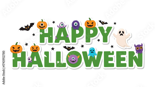 Happy Halloween Graphic: A vibrant Halloween-themed graphic design, complete with cheerful pumpkins, spooky bats, ghosts, and quirky monsters, all spelling out Happy Halloween.