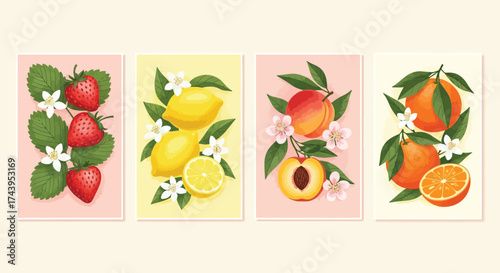 Set of Four Illustrations of Fresh Fruits with Leaves and Flowers on Pastel Backgrounds
