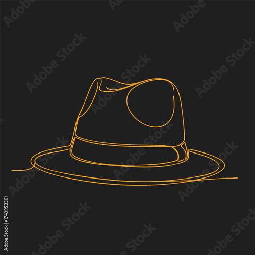 Stylized continuous line drawing of a classic fedora hat with a wide brim and decorative band on a dark