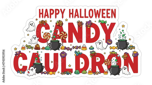 Happy Halloween Candy Cauldron: Spooky greetings filled with festive elements such as candy, cauldrons, and ghosts create a joyful atmosphere, promising delightful treats.