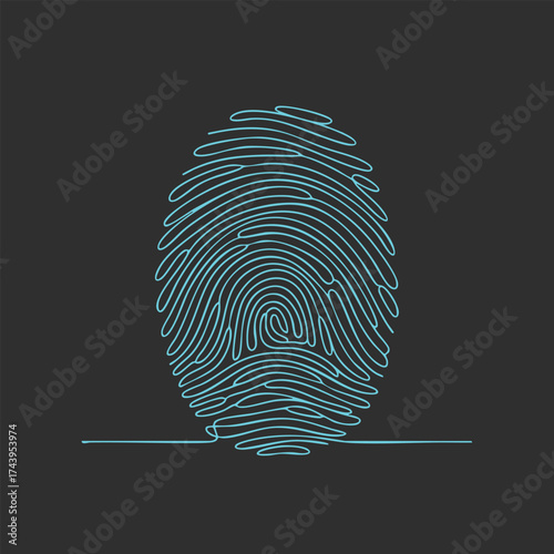 Stylized digital fingerprint with glowing blue lines on dark representing identity and security