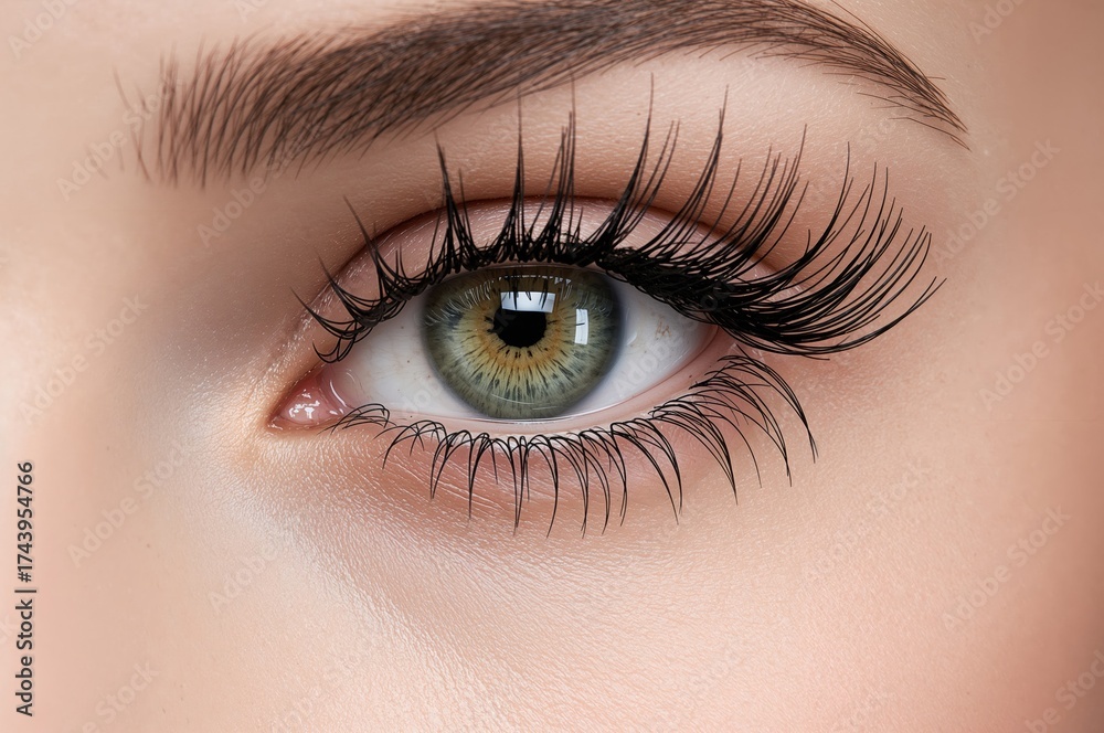 Obraz premium Extreme close-up of a woman's eye featuring voluminous layered false eyelashes in various dimensions