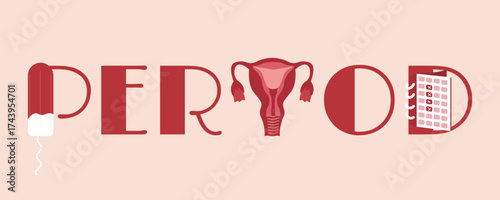 Women’s period text banner with elements: tampon, uterus, calendar. Menstruation and women health design