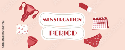 Women’s period banner with elements: pads, tampon, menstrual cup, uterus, calendar, panties. Menstruation and women health design