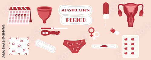 A set of vector elements depicting the female period. Pads, tampons, menstrual cups, painkillers, uterus, calendar, pregnancy tests, and panties