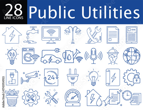 Public Utilities Icons Set 28 Line Icons for Energy, Water, Communication, and Infrastructure Services