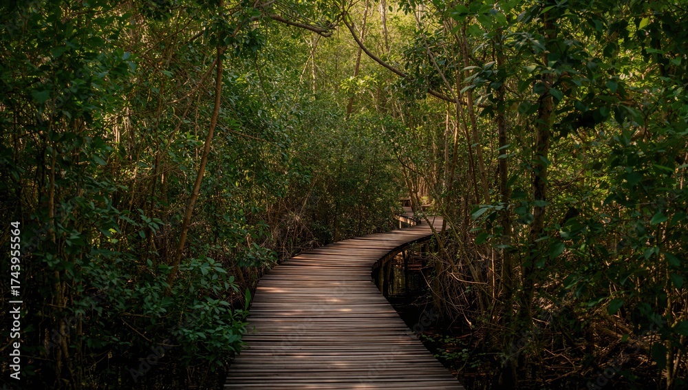 Obraz premium Timber path winding through dense mangrove woods