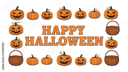 Spooky Halloween Illustration: A festive Halloween illustration features a ring of carved pumpkins and woven baskets surrounding the Happy Halloween greeting.