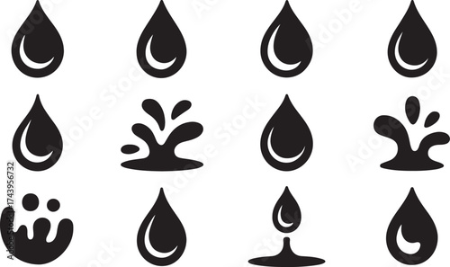 Water Drop Black Icons Collection for Liquid Purity and Hydration Symbolism