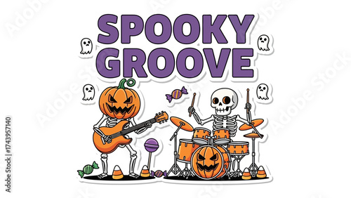 Spooky Groove Halloween Design: An illustration captures the essence of Halloween with a quirky band of skeletons and a pumpkin, embracing the spirit of spooky grooves and festive fun.