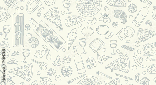 Italian Food Pattern: Pizza, Pasta, Olives, Wine, Ice Cream, and Lemon Illustrations