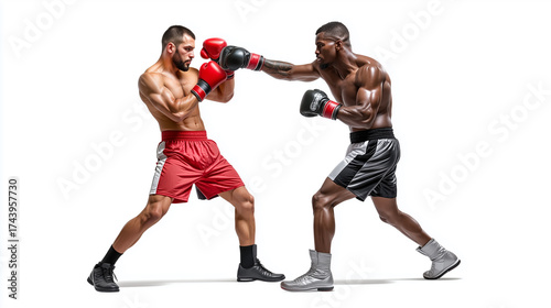 Two Pro Boxers Sparring in Ring - Side View Action Shot - Isolated on White