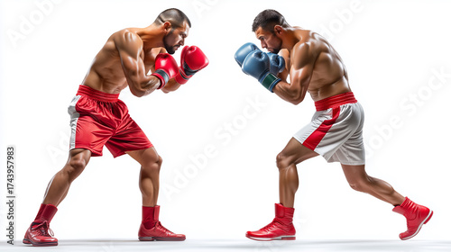 Two Pro Boxers Sparring in Ring - Side View Action Shot - Isolated on White