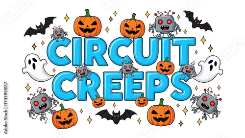 Circuit Creeps: Halloween whimsy comes alive with Circuit Creeps a whimsical artwork, showcasing smiling jack-o'-lanterns, friendly robot, spooky ghost, cute bats, evoking the spirit of Halloween.