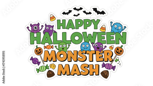 Monster Mash Halloween: A delightful visual featuring cartoon monsters and festive treats. The scene is designed to evoke a sense of excitement for Halloween. 