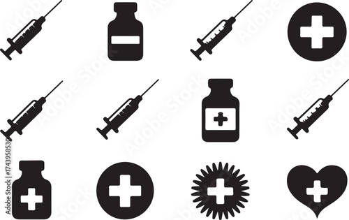 Syringe and Bottle Icon Silhouette Injection Healthcare Hospital