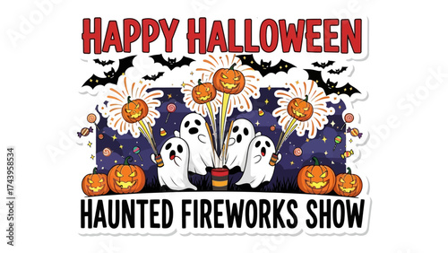 Spooky Fireworks Spectacle: A festive illustration captures the eerie charm of Halloween with ghostly fireworks and pumpkin decor