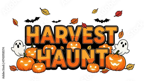 Harvest Haunt: Embrace the festive spirit with pumpkins, leaves, bats, and ghosts in this Halloween illustration.