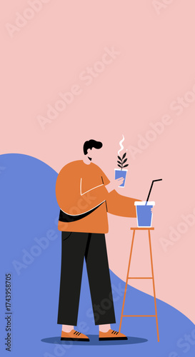 Man thoughtfully holds a steaming plant symbolizing selfcare and connection to nature
