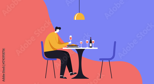 Man enjoying a meal with wine suggesting dining date night or restaurant experience
