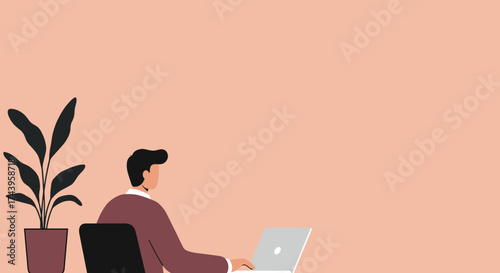 Man working on laptop with potted plant illustrating remote work business and home office lifestyle